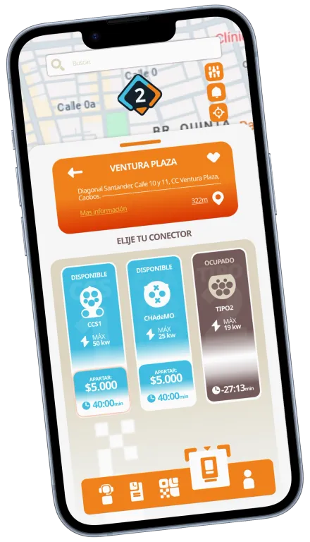 App Horeb Charge mostrando mapa y conectores disponibles